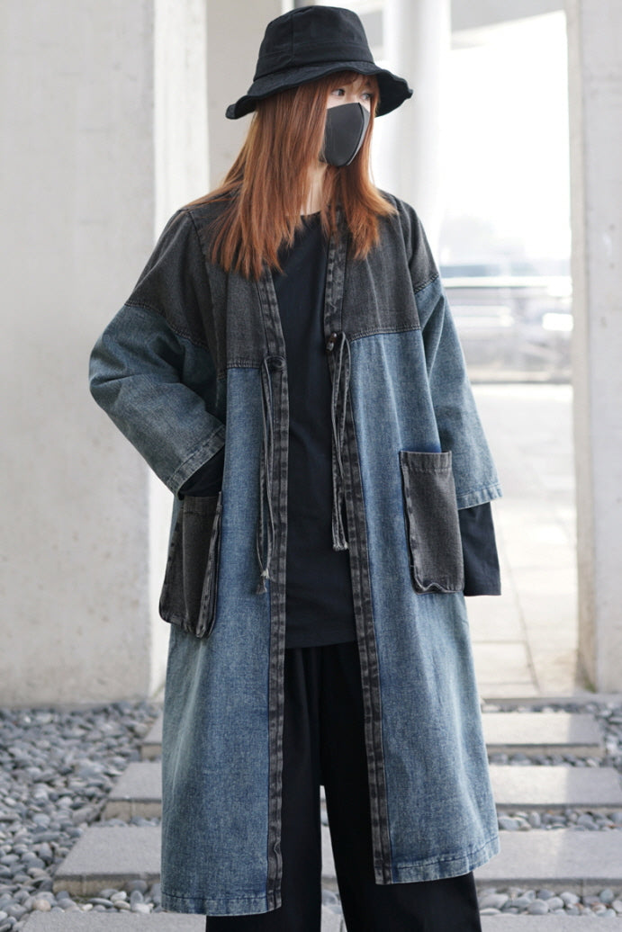 Japanese Retro Washed Blue Denim Trench Coat Stitched Sleeves Over the