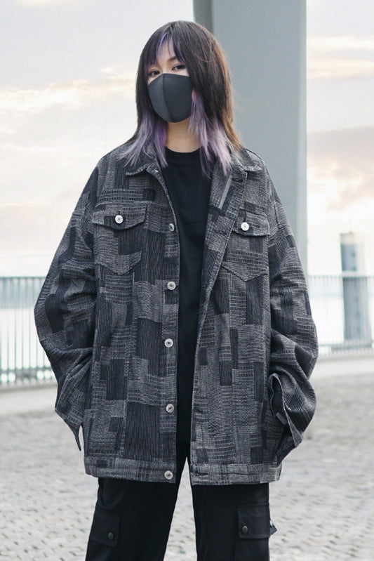 Black Plaid Retro Denim Cargo Jacket Dark Cool Style Loose American Coach Jacket - Belle Vestige