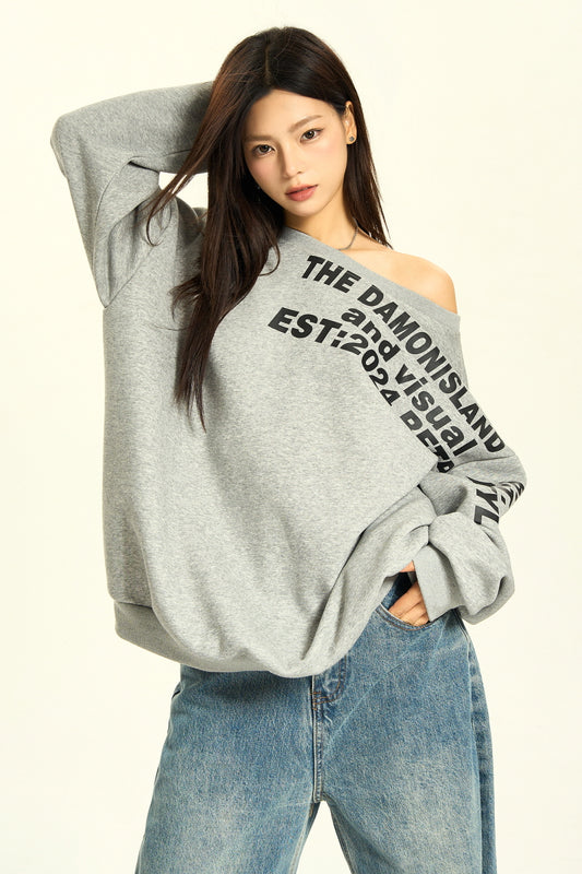 Slanted Shoulder Letter Design Long Sleeve Sweatshirt Loose Lazy Top - Belle Vestige