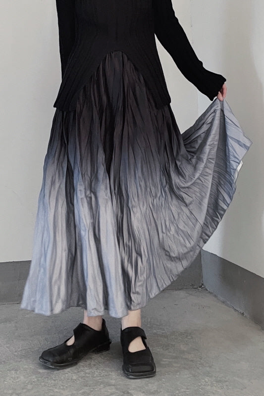 Artistic Smudged Gradient Pleated Skirt High Waist Niche Design Long Skirt - Belle Vestige