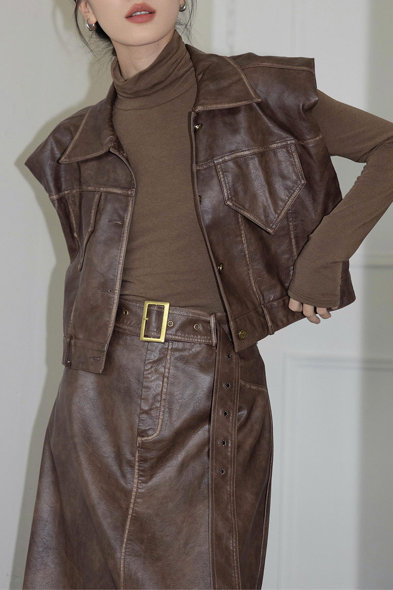 Leather Suit Set & Vest Jacket with Skirt Two-Piece Retro Style - Belle Vestige