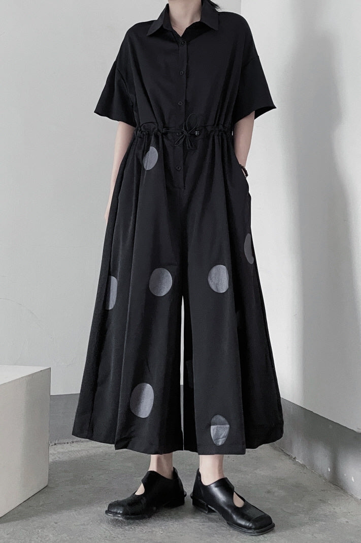 Yamamoto Dark Style Niche Polka Dot Print Loose Nine-Point Jumpsuit High-Waisted Wide-Leg Pants - Belle Vestige