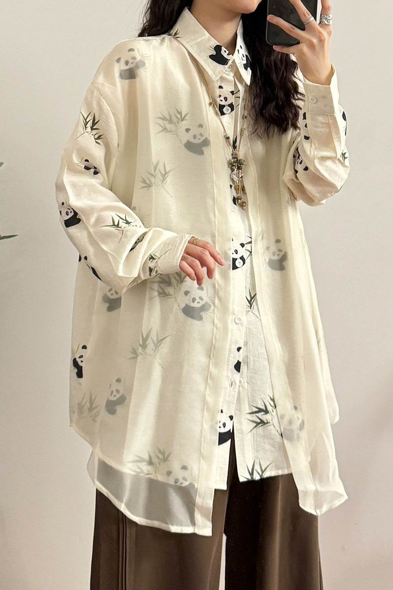 Retro National Style Chinese Panda Bamboo Print Stitching Tulle Long Sleeve Shirt - Belle Vestige