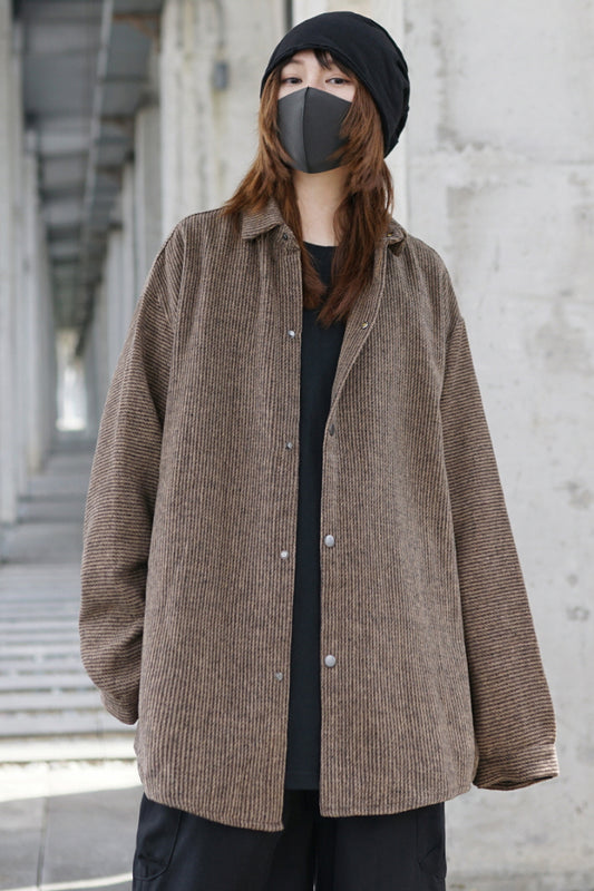 Japanese Coffee Pinstripe Flannel Shirt Jacket Vintage Style Loose Long-Sleeved Shirt - Belle Vestige