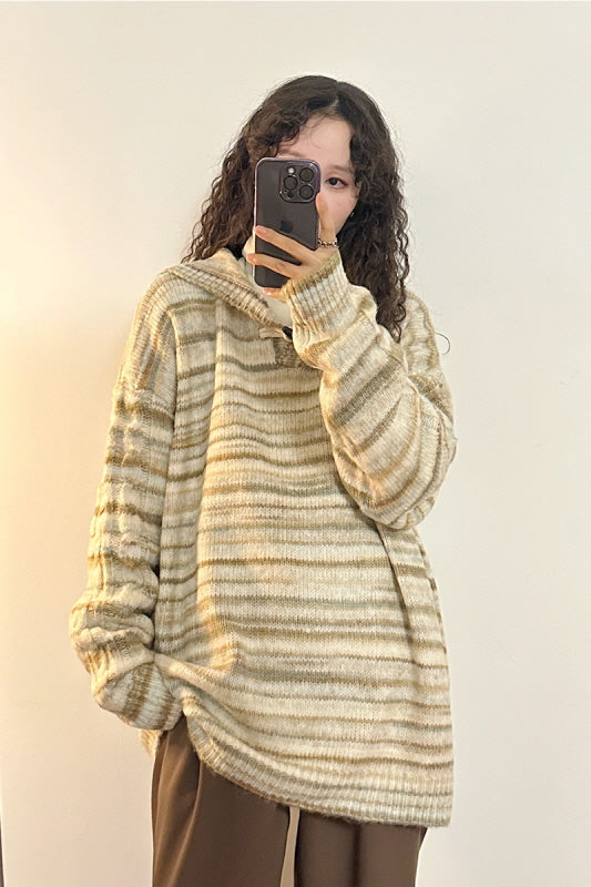 American Retro Hong Kong Style Loose Casual Striped Hooded Sweater Knitwear - Belle Vestige