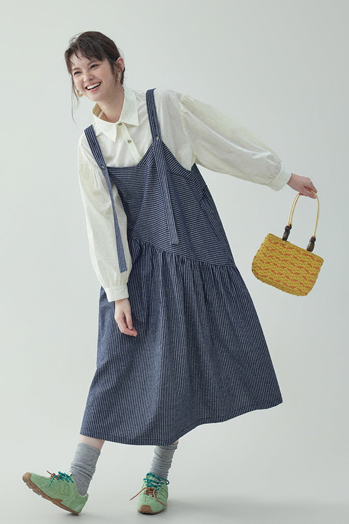 Striped Pleated Bib Dress & Slimming Bib Skirt - Belle Vestige