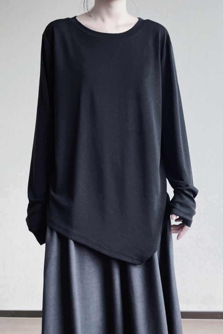 Cold Style Basic Drape Irregular Long-Sleeved T-Shirt Simple Round Neck Loose Top - Belle Vestige