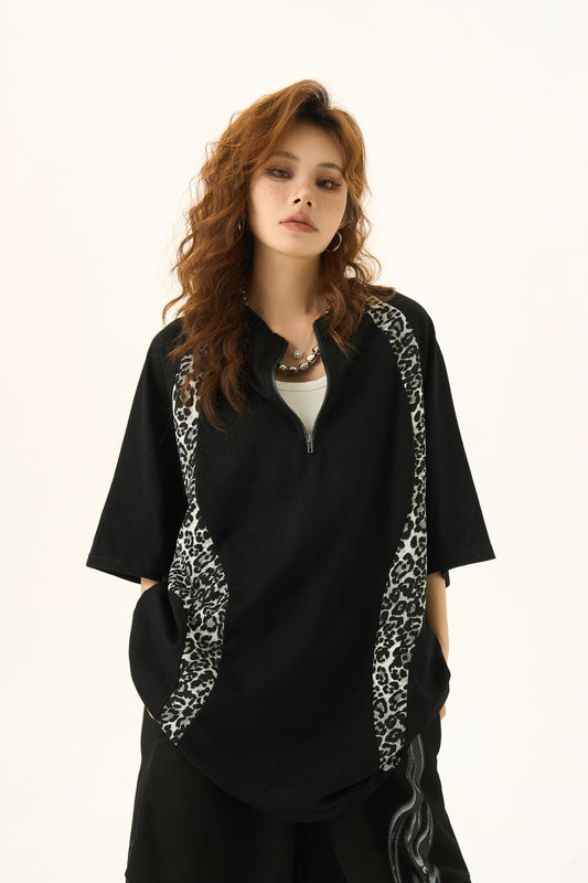 Leopard Print Stitching Design Short Sleeve T-Shirt Loose Slim Top - Belle Vestige