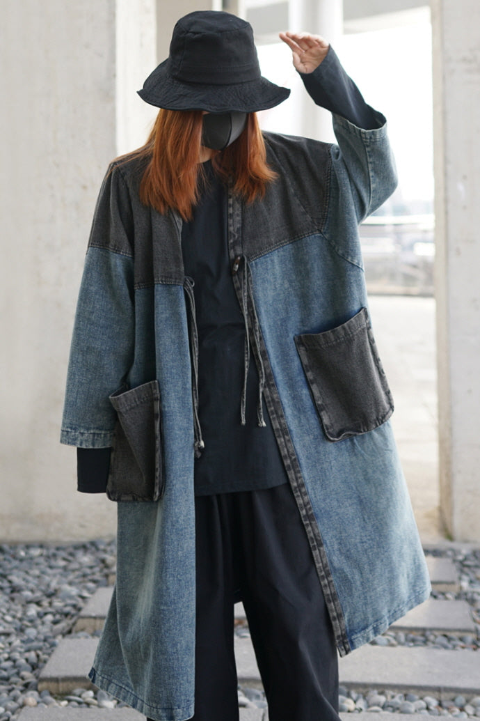 Japanese Retro Washed Blue Denim Trench Coat Stitched Sleeves Over-the-Knee Long Loose Cardigan Jacket Spring and Autumn Thin Style - Belle Vestige