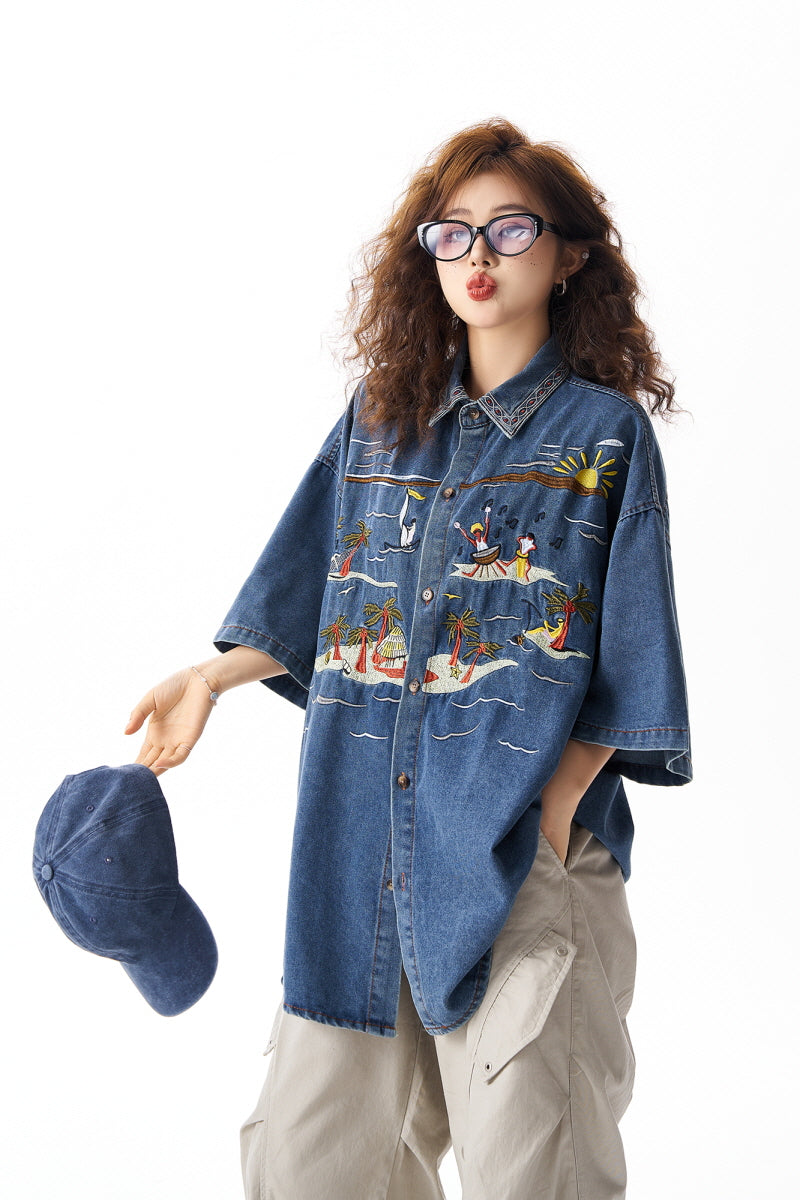 Hawaiian Embroidered Denim Short Sleeve Shirt - Belle Vestige