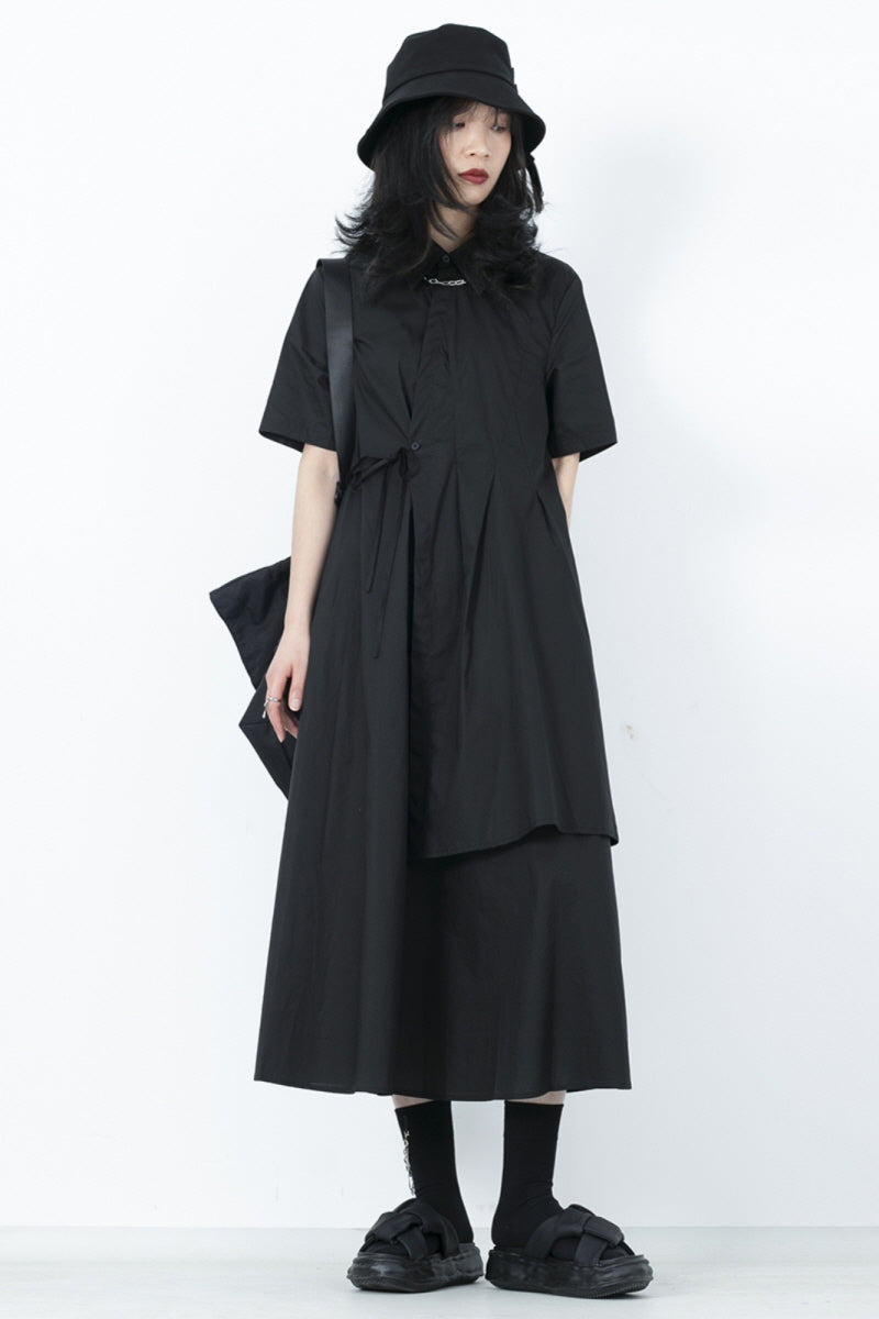 Black Shirt Dress A-Line High Waist Short Sleeve Tie Skirt - Belle Vestige