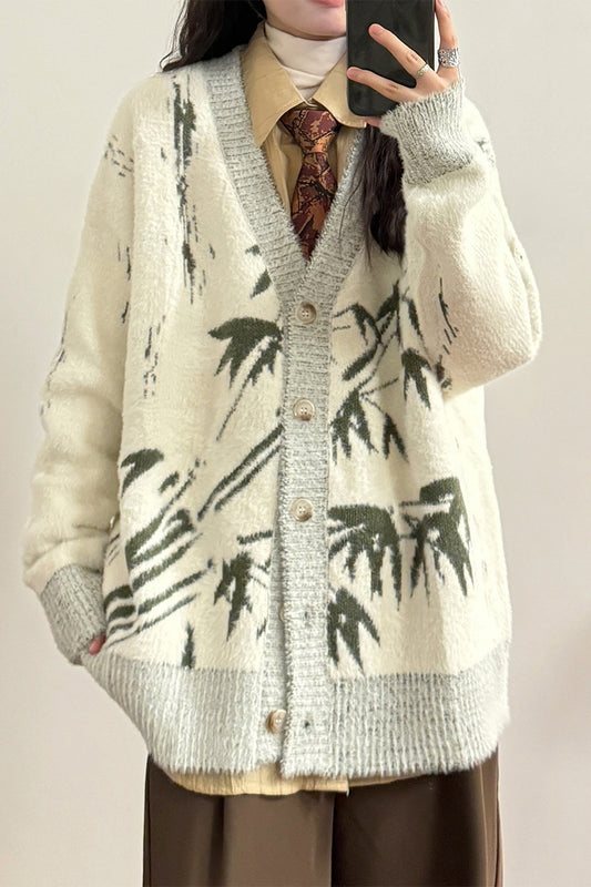 American Retro Lazy Wind Bamboo Ink Painting Knitwear Cardigan Sweater Jacket - Belle Vestige