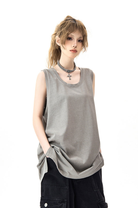 High Street Distressed Slit Sleeveless T-Shirt Solid Color Vest - Belle Vestige