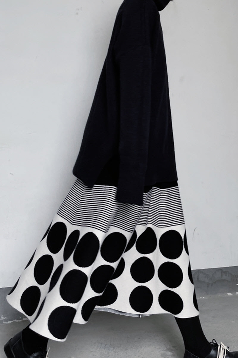 Polka Dot Striped Knit Skirt Dark Style