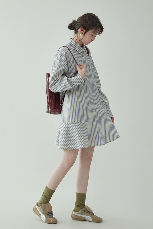 Preppy Style Single-Breasted Striped Shirt Dress & Long-Sleeved Dress - Belle Vestige