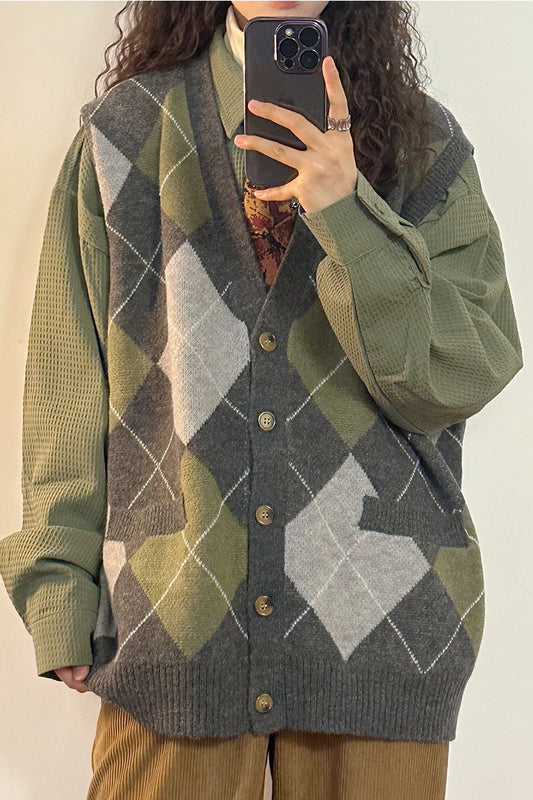 American Vintage Rhombic Knitwear Sweater Cardigan Vest Lazy Style Jacket - Belle Vestige