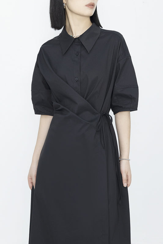 Niche Design Dark Temperament Irregular Waist Cinched Shirt Collar Dress - Belle Vestige