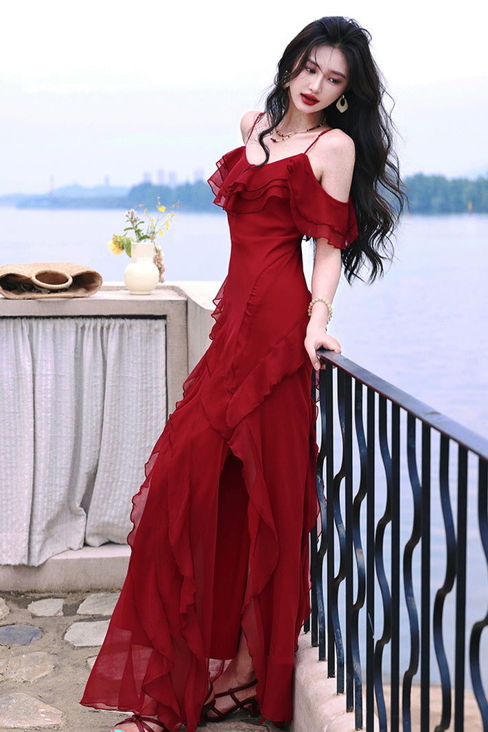 Vintage Red Off-Shoulder Maxi Dress with Ruffled Slit Skirt - Belle Vestige