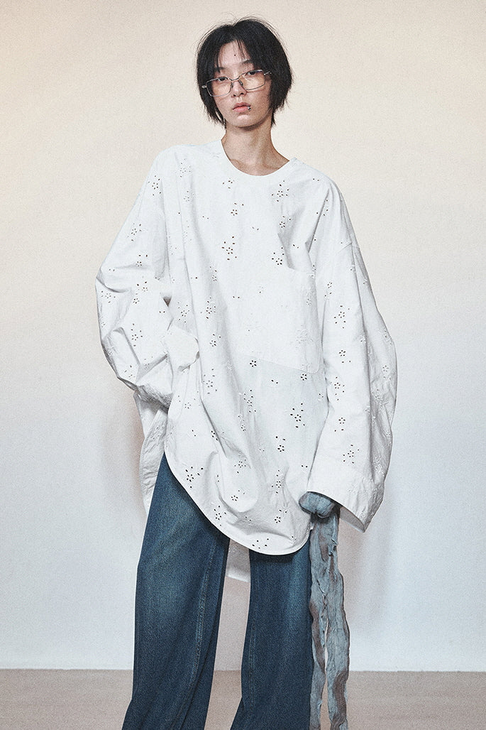 Oversized Silhouette Cotton Shirt & Round Neck with Patch Pocket Mutton Sleeves - Belle Vestige