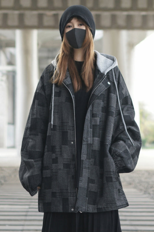 Retro Plaid Fake Two-Piece Jacket Spring and Autumn Tooling Jacket Japanese Salt Style - Belle Vestige