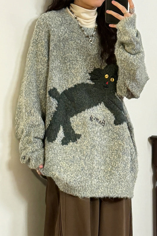 American Retro Loose Fun Bunny Knit Plush Crew Neck Sweater - Belle Vestige