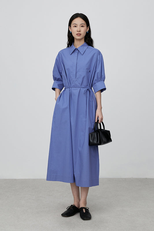 Cinched Waist Tie Slim Shirt Dress Blue Simple Design - Belle Vestige