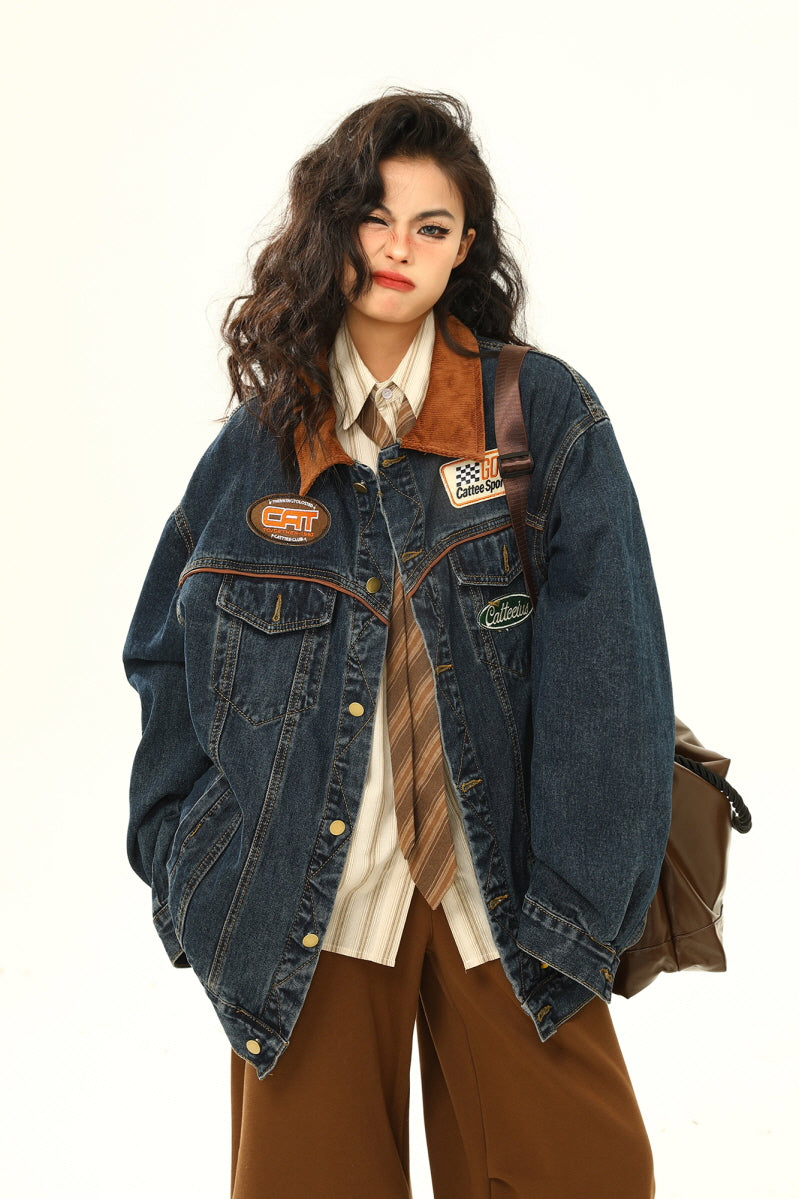 Retro Biker Denim Jacket Unisex Lapel - Belle Vestige