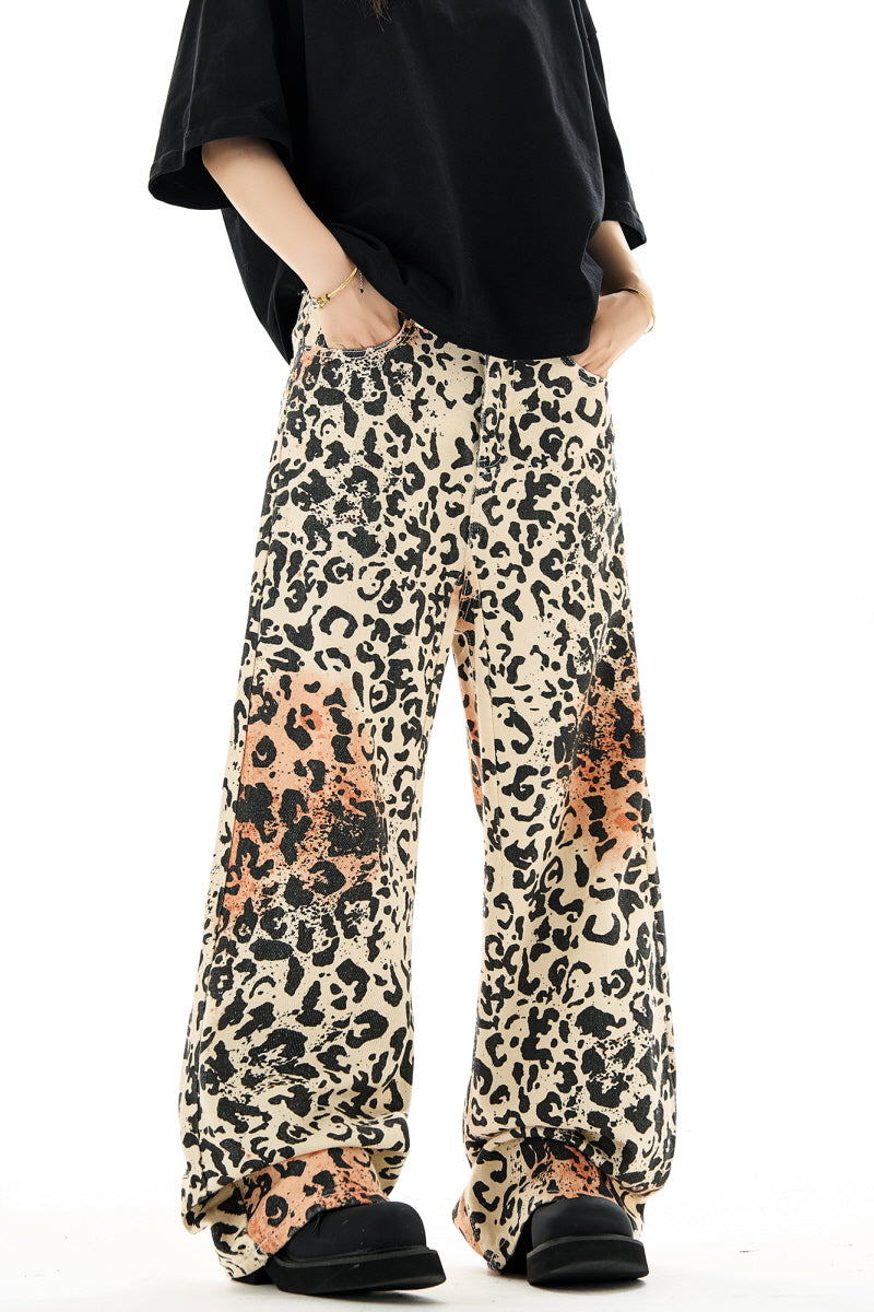 Leopard Print Straight Leg Jeans Vintage High Street Slacks - Belle Vestige