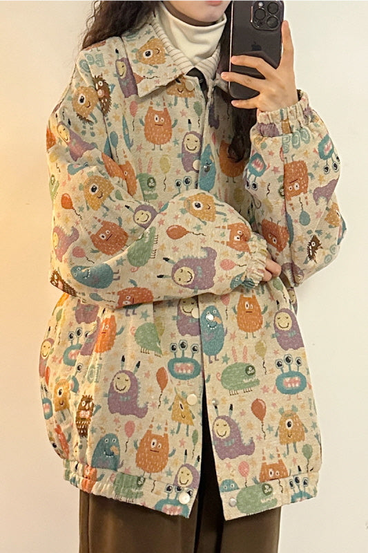 Japanese Retro Preppy Style Loose Fun Full Print Cartoon Lapel Jacket - Belle Vestige