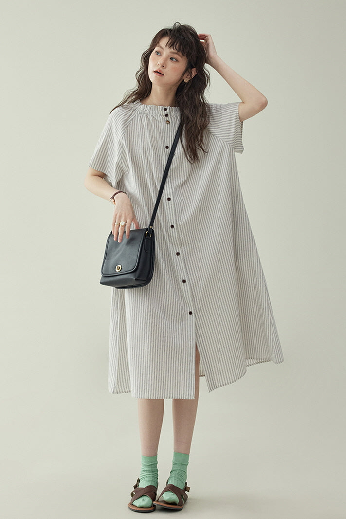 Striped Single-Breasted Short-Sleeved Shirt Dress & Slim Loose Fit - Belle Vestige