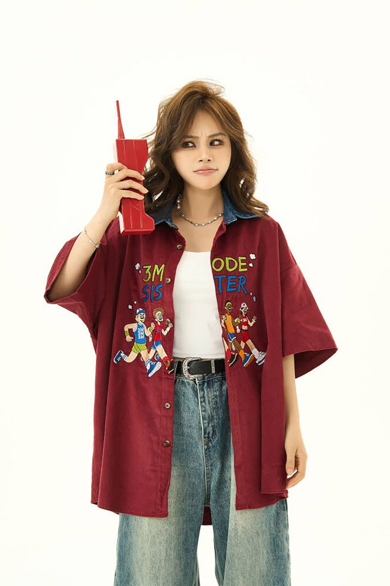 Embroidered Cardigan Short Sleeve Shirt - Belle Vestige