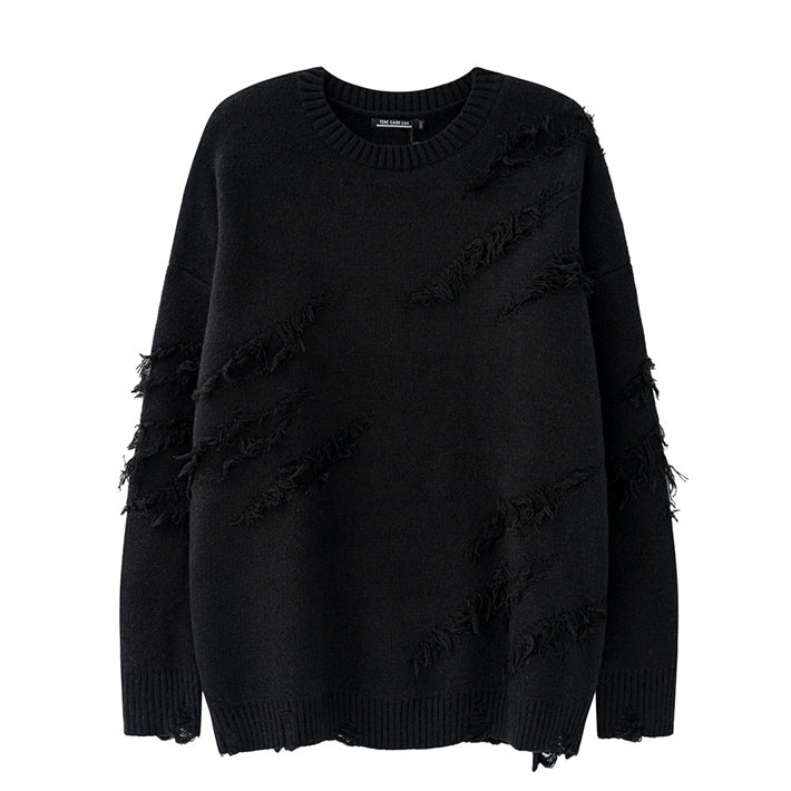 Ripped Fringed Oversize Crewneck Sweater - Belle Vestige