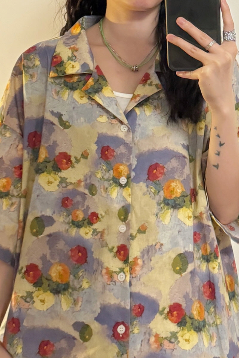 American Vintage Oil Painting Print Cuban Collar Short Sleeve Shirt Trendy Top - Belle Vestige