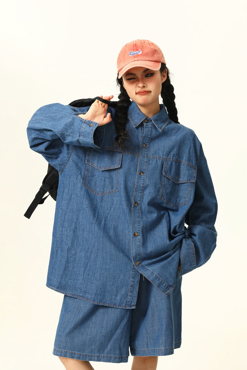 Denim Suit Casual Long Sleeve Shirt and Shorts - Belle Vestige