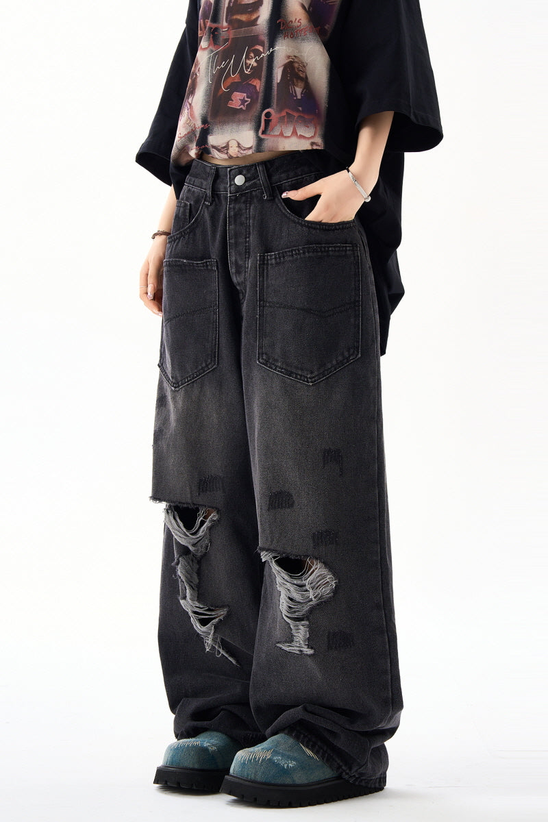 Casual Ripped Reverse Design Jeans Vintage Washed Distressed Wide-Leg Pants - Belle Vestige