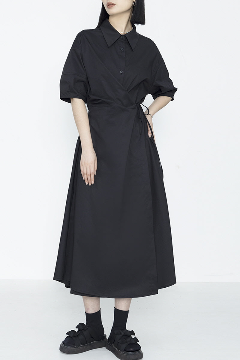 Niche Design Dark Temperament Irregular Waist Cinched Shirt Collar Dress - Belle Vestige