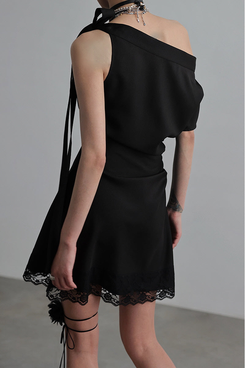 Asymmetric Slanted Shoulder Tie Dress - Belle Vestige