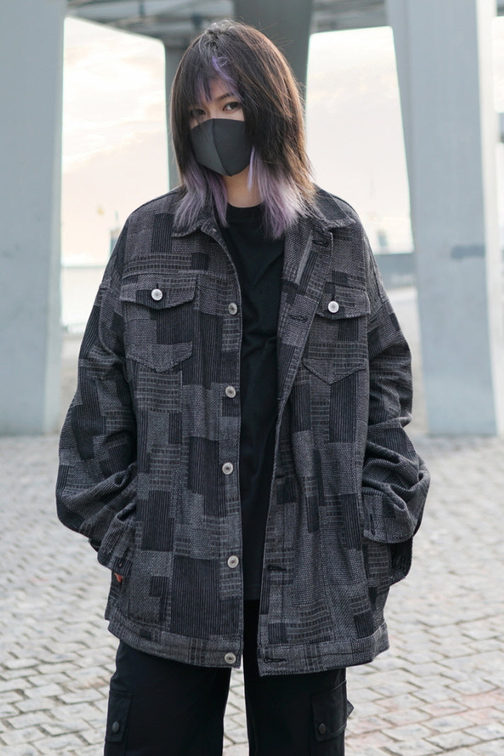 Black Plaid Retro Denim Cargo Jacket Dark Cool Style Loose American Coach Jacket - Belle Vestige