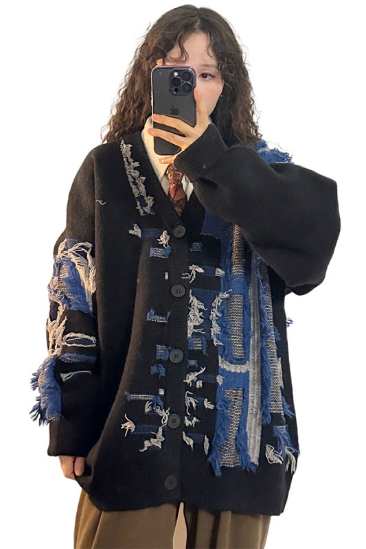 American Retro Tattered Contrast Cardigan Loose Knit Sweater Casual Style - Belle Vestige