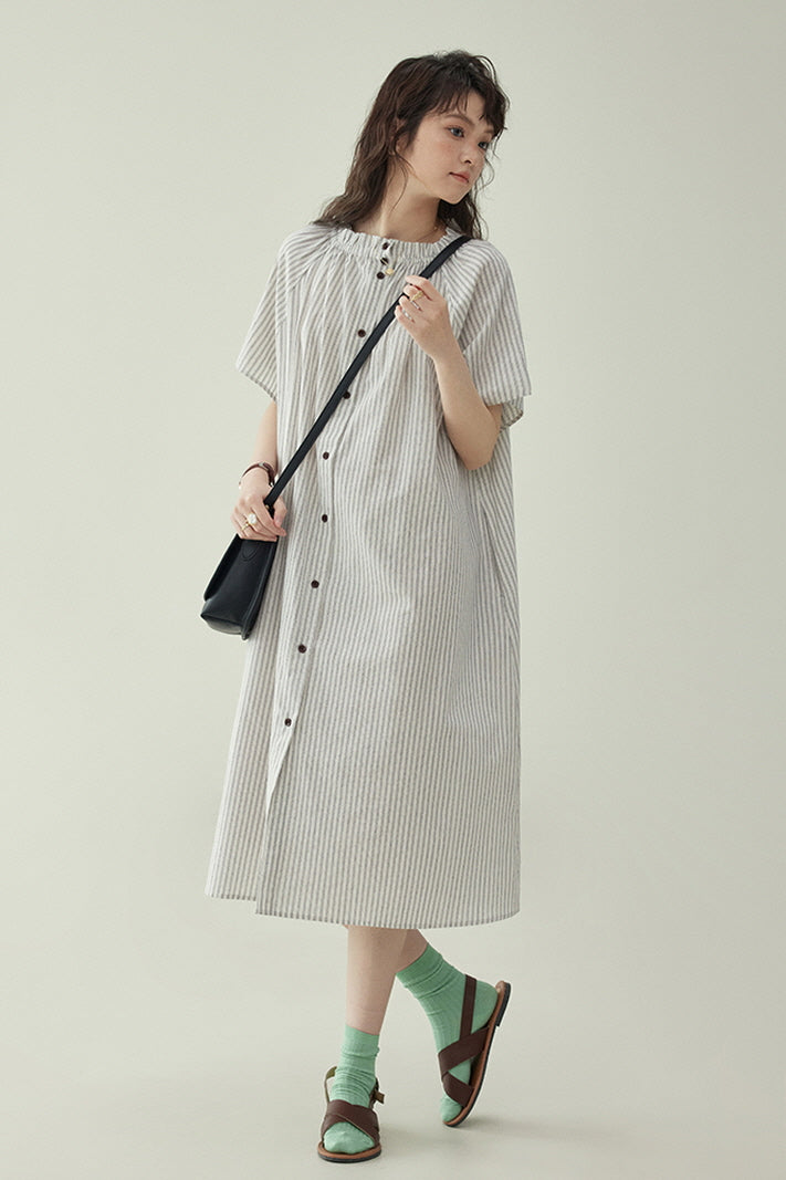 Striped Single-Breasted Short-Sleeved Shirt Dress & Slim Loose Fit - Belle Vestige