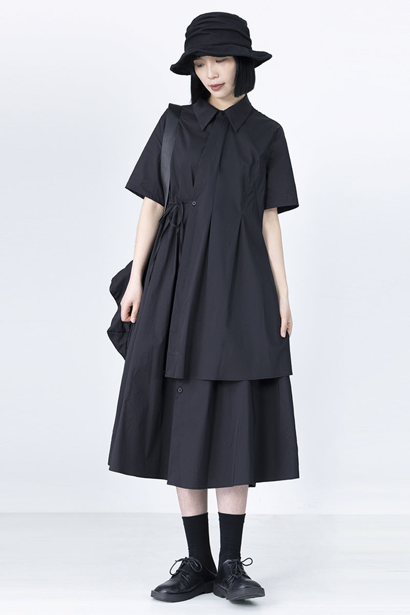 Black Shirt Dress A-Line High Waist Short Sleeve Tie Skirt - Belle Vestige