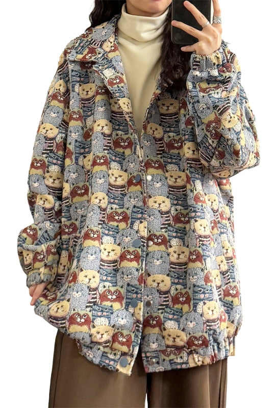 American Retro Fun Cartoon Jacquard Loose Lapel Jacket - Belle Vestige