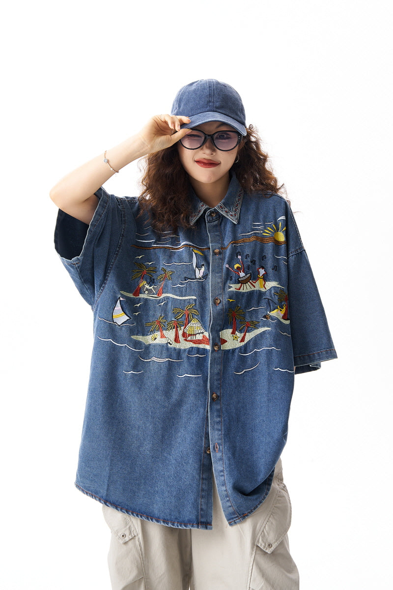 Hawaiian Embroidered Denim Short Sleeve Shirt - Belle Vestige