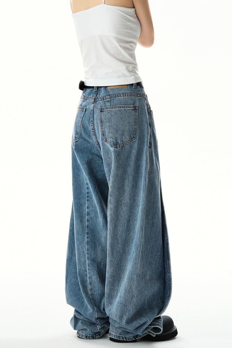 Streetwear Scimitar Wide-Leg Jeans Washed Vintage Trousers - Belle Vestige