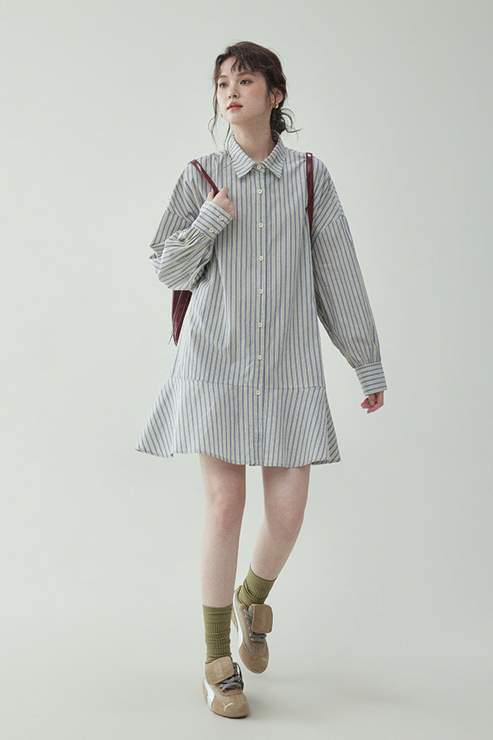 Preppy Style Single-Breasted Striped Shirt Dress & Long-Sleeved Dress - Belle Vestige