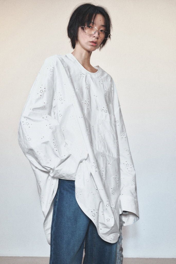 Oversized Silhouette Cotton Shirt & Round Neck with Patch Pocket Mutton Sleeves - Belle Vestige