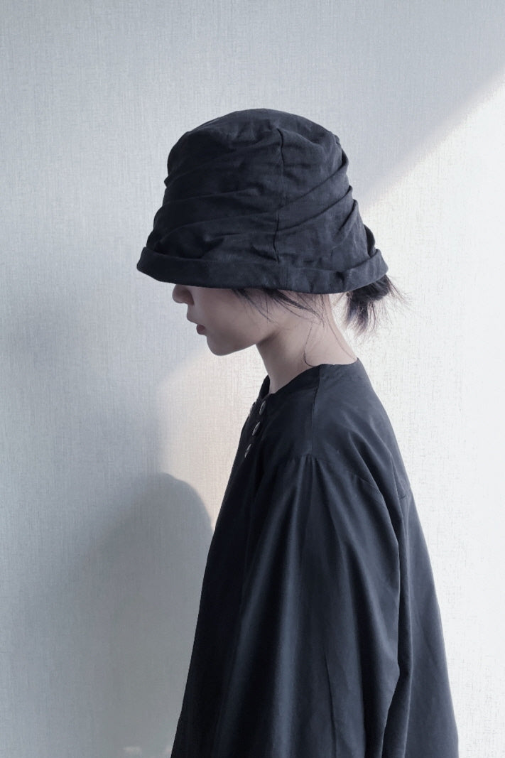 Yamamoto Wind Multi-Layered Fold Fisherman's Hat Cotton and Linen Dark Curl Basin Bucket Hat - Belle Vestige