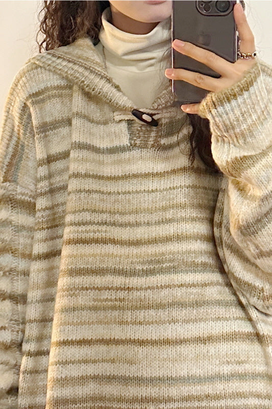 American Retro Hong Kong Style Loose Casual Striped Hooded Sweater Knitwear - Belle Vestige