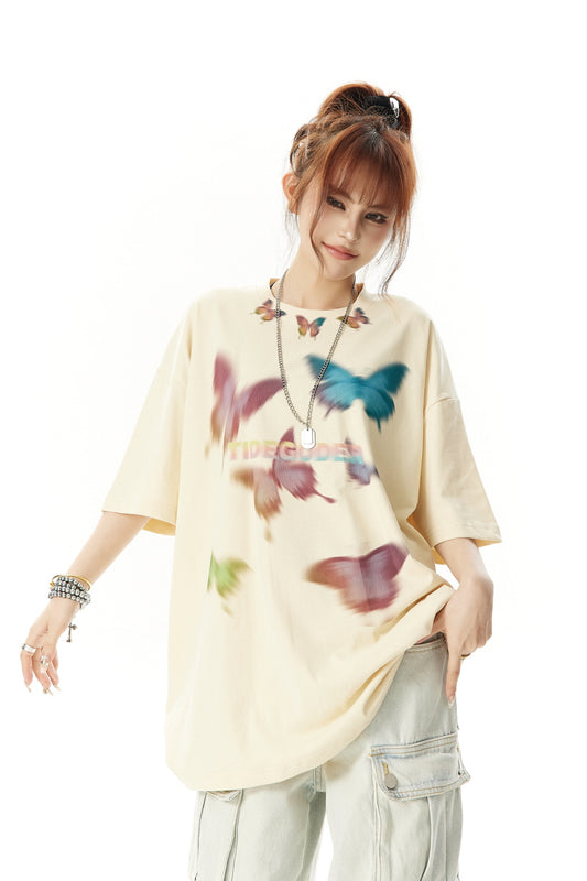 Vertiginous Butterfly Print Short Sleeve Niche Retro T-Shirt - Belle Vestige