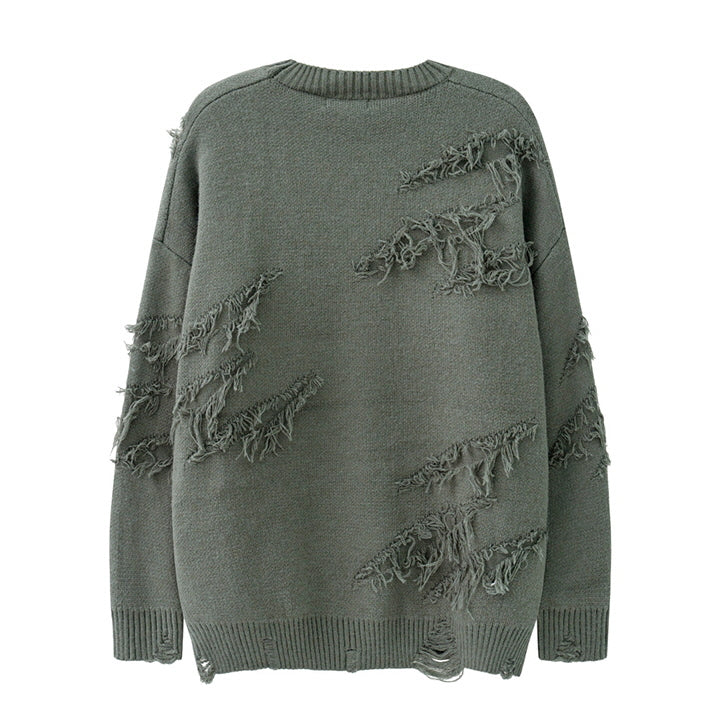 Ripped Fringed Oversize Crewneck Sweater - Belle Vestige